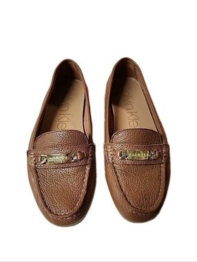 Calvin Klein Lunasi Cognac Pebbled Leather Moccasin Loafers Shoes Size 8M